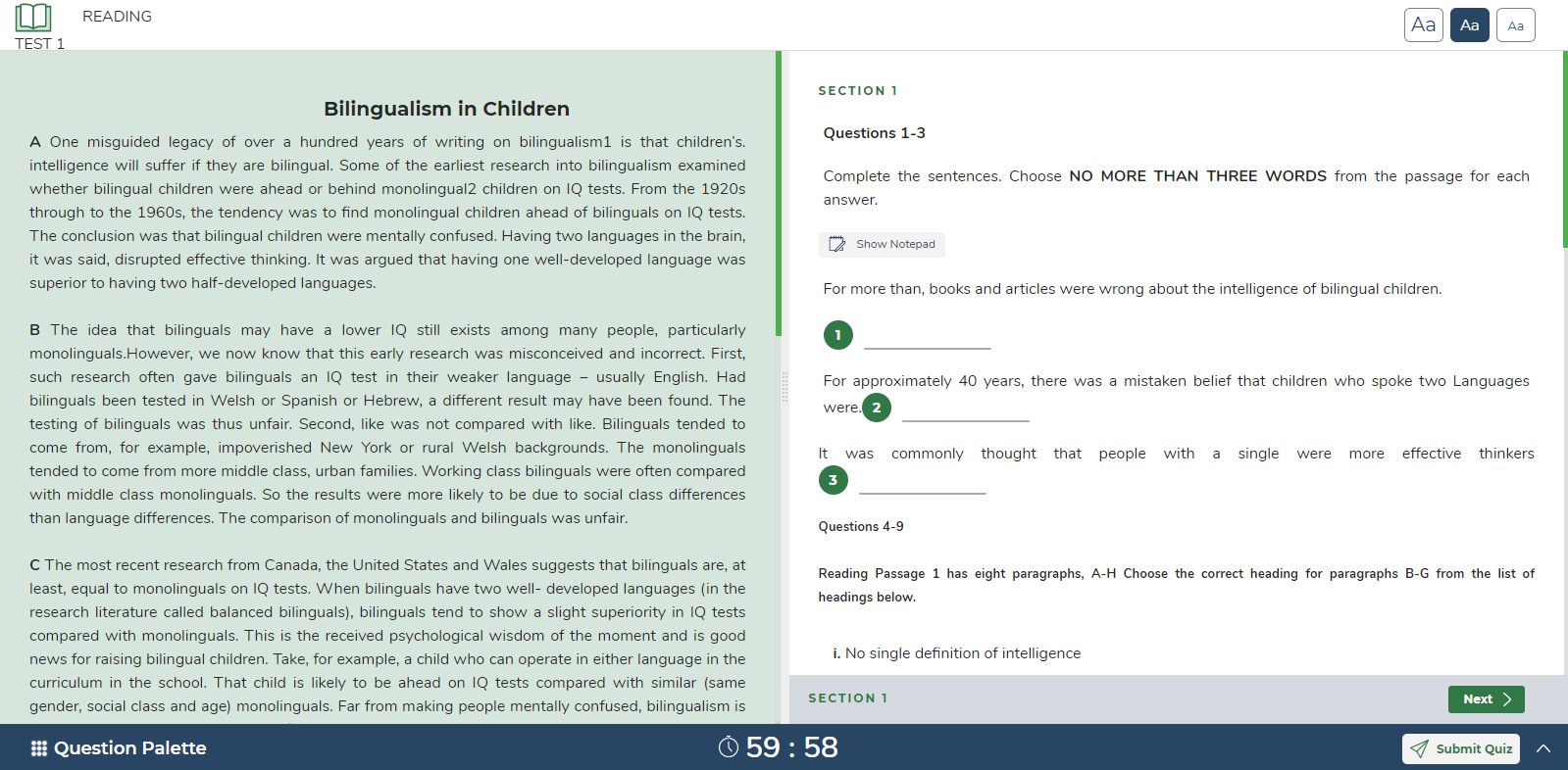 screenshot of IELTS LMS